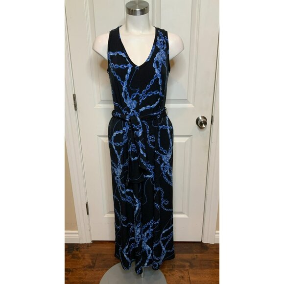 Joseph Ribkoff Black & Blue Chain Rope Print Sleeveless Wide Leg Jumpsuit Size 6 - Picture 2 of 10